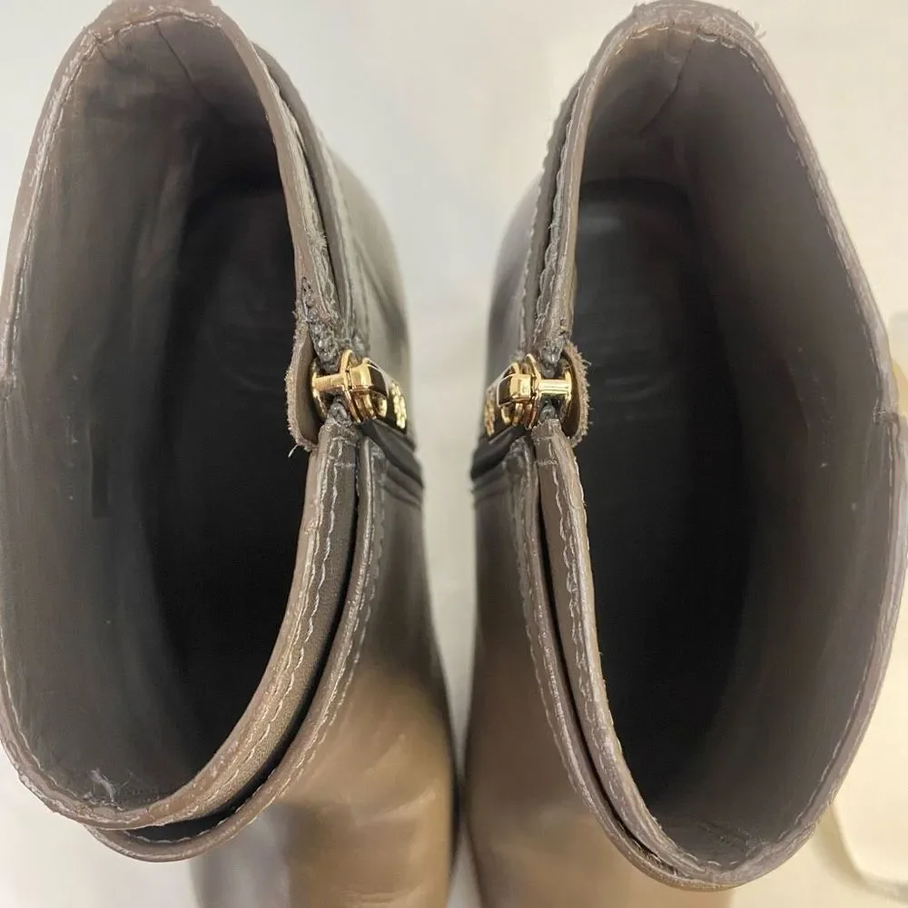 🫒Tory Burch Olive Brown Leather Ankle Booties with Gold Logo